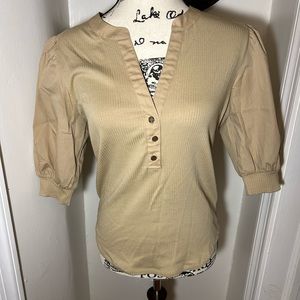 LAUREN Ralph Lauren Puff-Sleeve Cotton Blend Henley Tee- Birch Tan- Medium